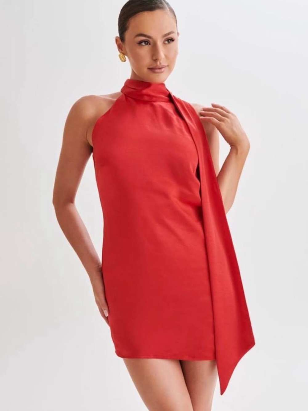 Meshki Red Halter Mini Dress with Draped Scarf Detail